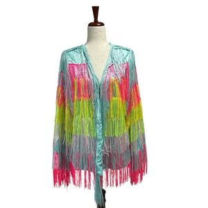 Love Sense Jacket Women's Size Large Fringe Tassle Bright Neon Festival Party